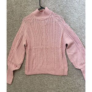 Women’s Cable Knit Pullover Pink Sweater Balloon Sleeves Turtleneck Size Medium